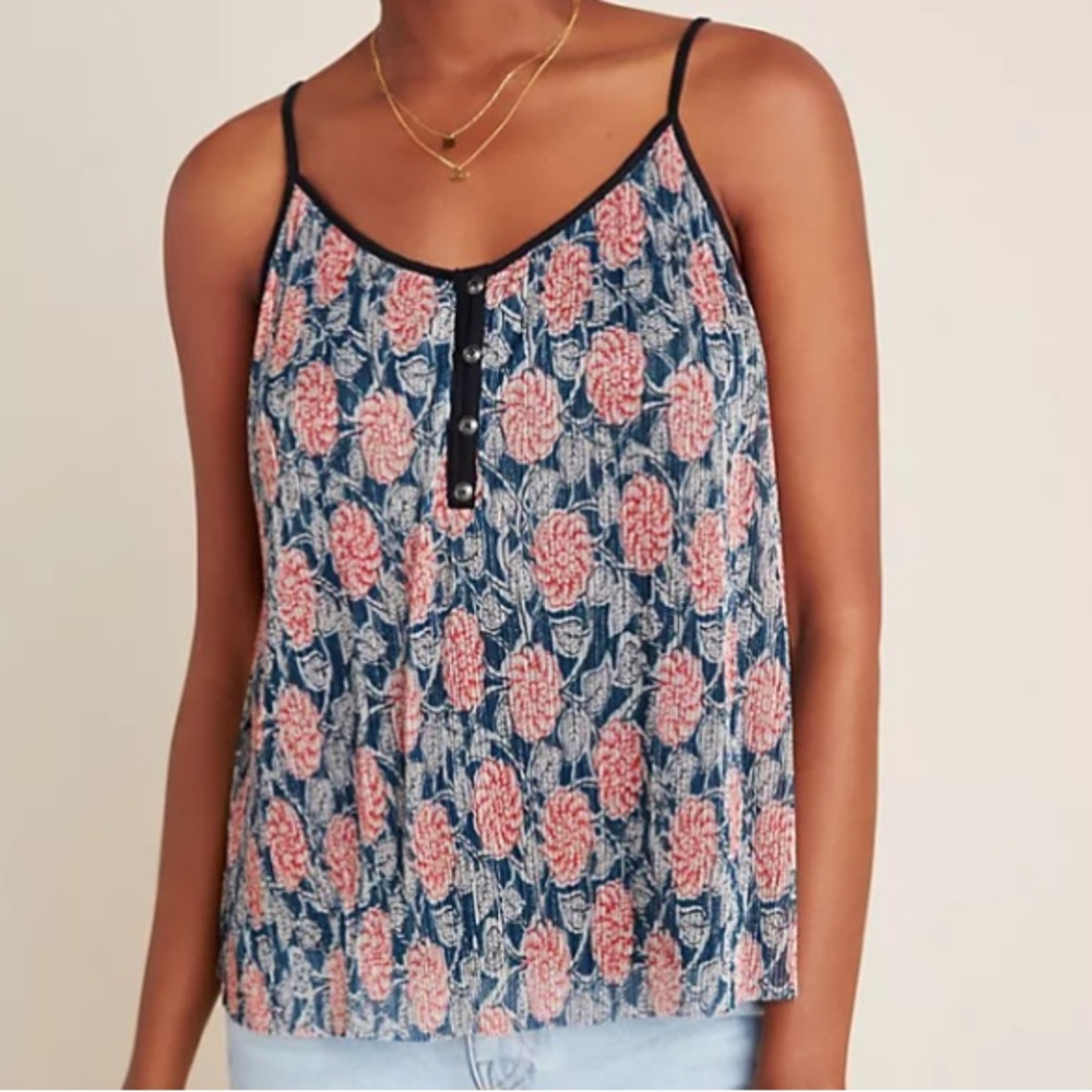 Anthropologie Maeve Blue Floral Metallic Tank Top Sz Lg